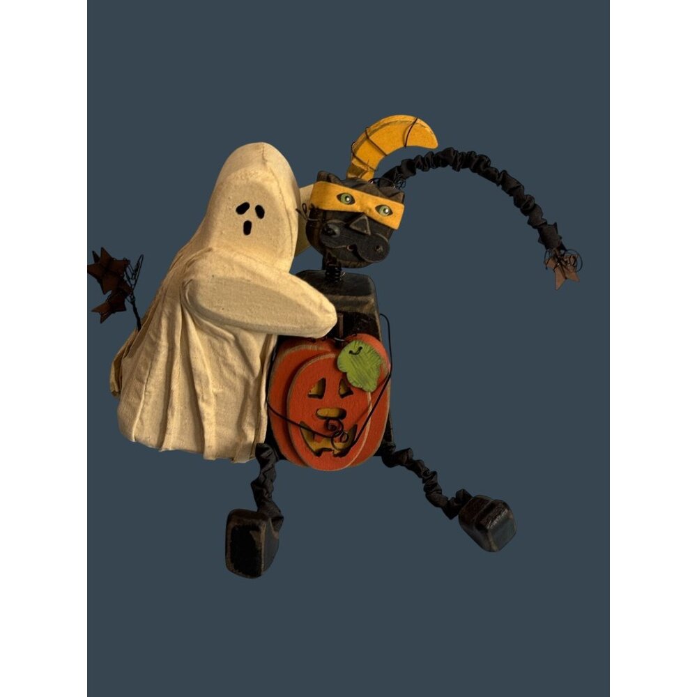Vintage Folk Art Hand-Carved Ghost Cat Pumpkin Halloween Figurine Fabriche Wire - Picture 2 of 7